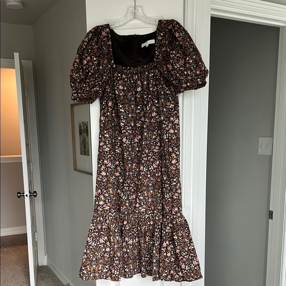 Brown and White Ruffled Tiered Midi Sundress